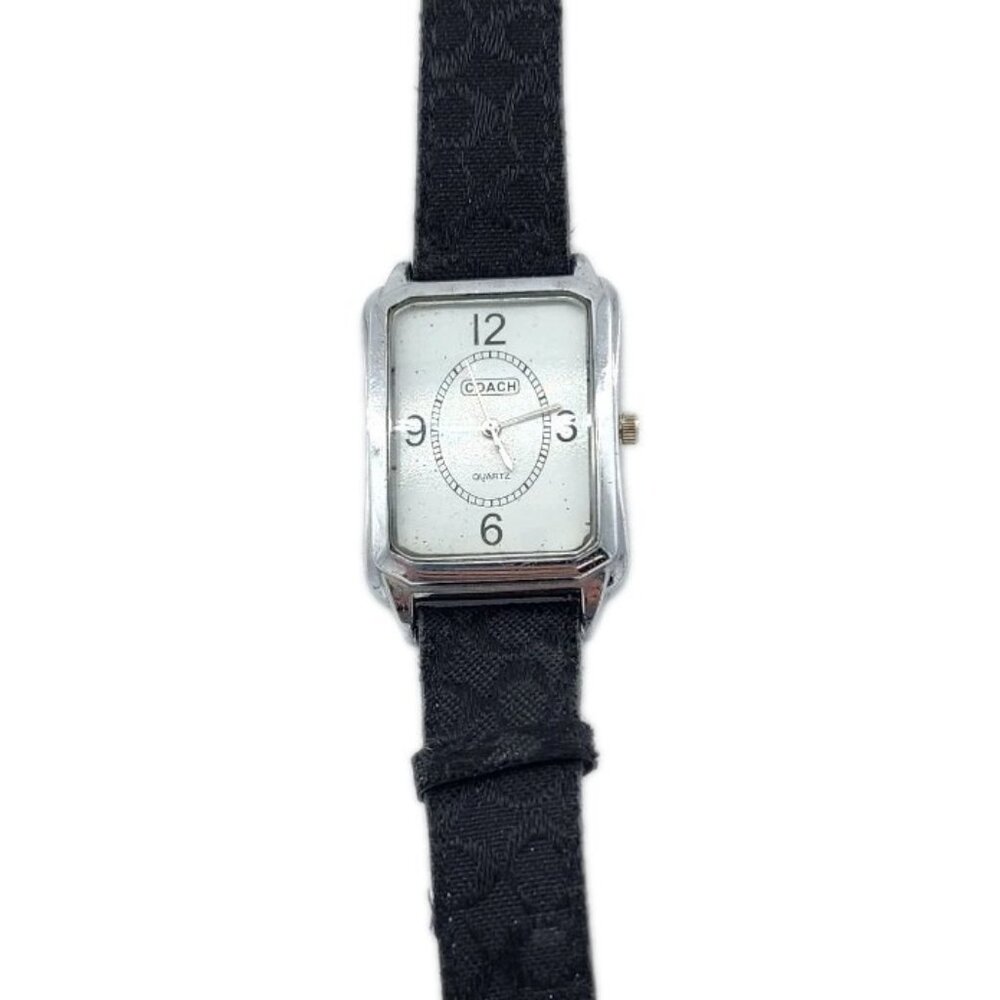 Vtg Coach Silver‎ Tone Stainless Steel Wristwatch Black Monogram Band R-1628